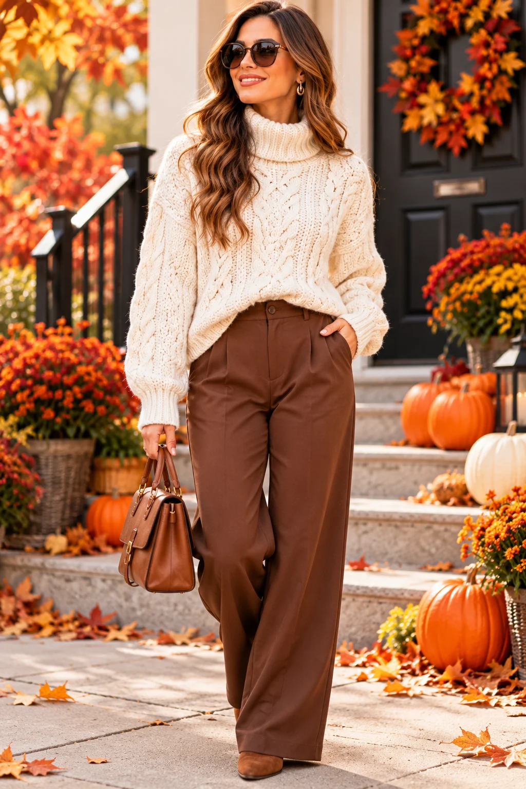 Woman wearing a cream cable-knit sweater with brown wide-leg trousers, a cognac bag and tan ankle boots