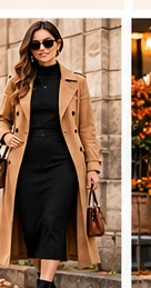 Black knit midi dress with a camel trench coat and ankle boots