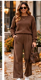 Chocolate-brown knit top and relaxed trousers co-ord set with clean white sneakers