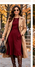 Burgundy midi dress under a camel wool coat with tall brown boots