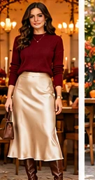 Burgundy knit sweater styled with a champagne satin midi skirt and brown knee-high boots