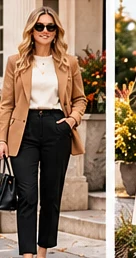Camel blazer over an ivory knit top with black tailored trousers and leather loafers