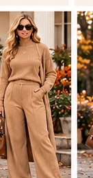 Camel knit sweater and wide-leg knit trousers matching set with white sneakers