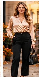 Champagne wrap-style blouse with black tailored trousers and black heels