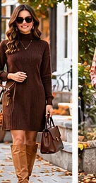 Chocolate-brown knit sweater dress with tall tan boots and gold jewelry