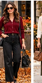 Fluid cream blouse tucked into olive tailored trousers with understated heels