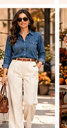 Dark denim button-up shirt tucked into cream tailored trousers with a brown belt