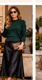 Forest-green sweater with a black satin maxi skirt and sleek ankle boots
