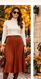 Ivory fitted turtleneck with a rust pleated midi skirt and brown boots