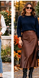 Navy knit sweater with a chocolate satin midi skirt and black ankle boots