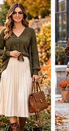 Olive green cardigan with a cream pleated midi skirt, brown boots and a tan structured bag