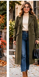 Long olive coat over a cream knit top with dark denim and tan boots