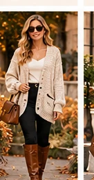 Oatmeal oversized cardigan with black leggings and tall brown riding boots