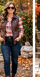 Plaid shirt layered with a neutral quilted vest, dark denim and Chelsea boots