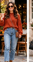 Rust-orange chunky sweater with straight-leg blue jeans and suede ankle boots