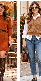 Brown sweater vest over a white shirt with straight-leg jeans and loafers