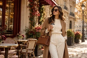 Autumn street style in a camel coat and cream knit